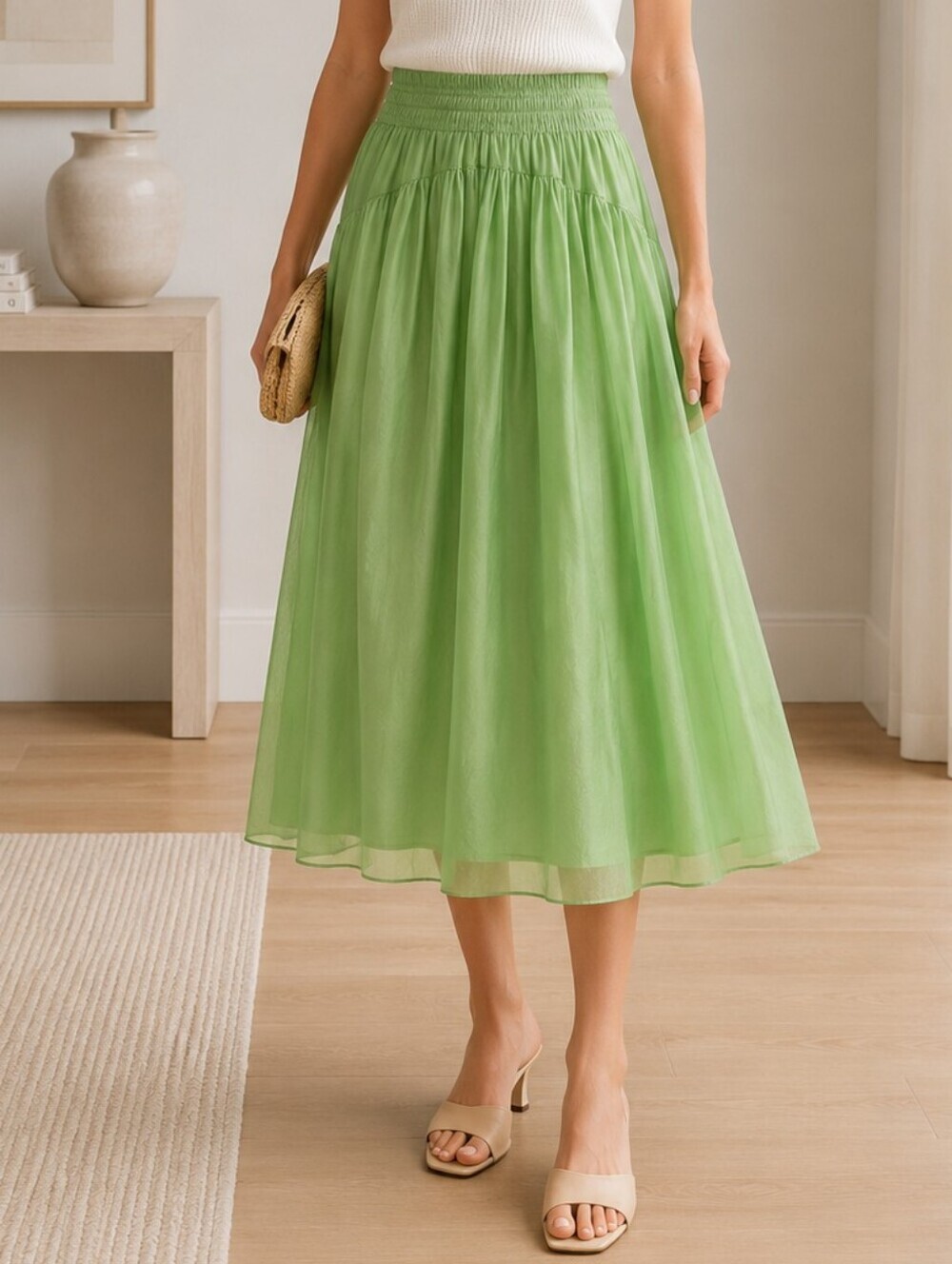 VINCE NWT Smocked Waist Pull On Skirt in Sprout - Picture 12 of 13